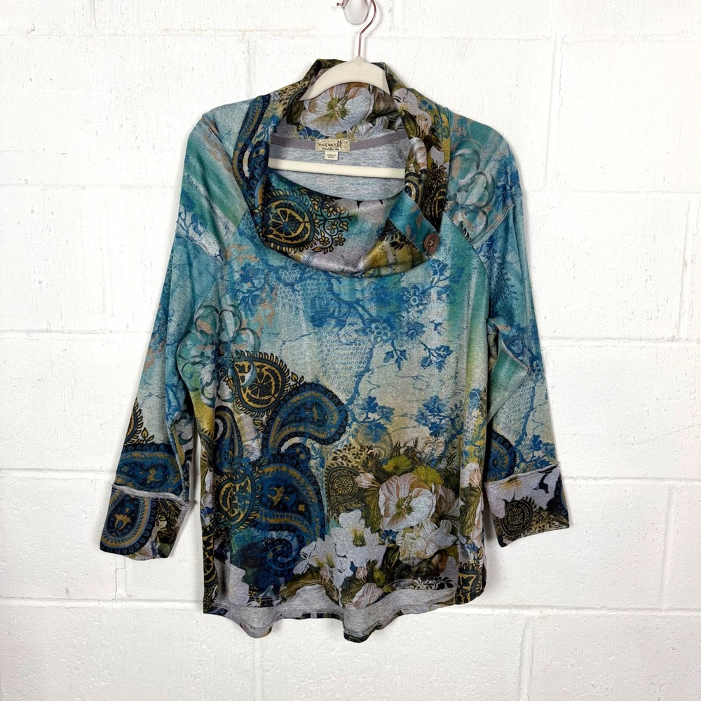 One World Cowl Neck Tunic Plus Size 1X Blue Floral Paisley Boho Artsy Maximalist